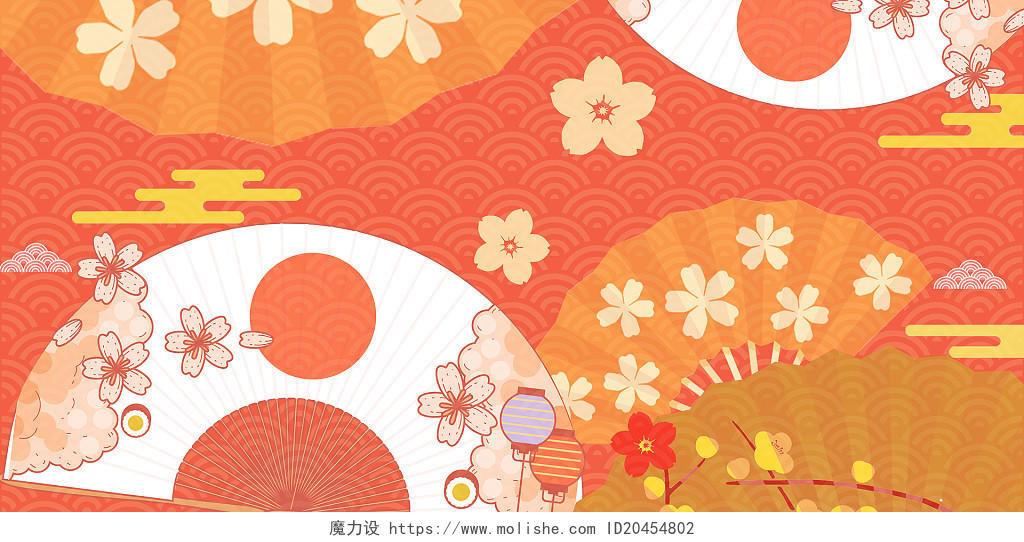 彩色手绘唯美日本传统扇子樱花日本文化花纹展板背景日式背景